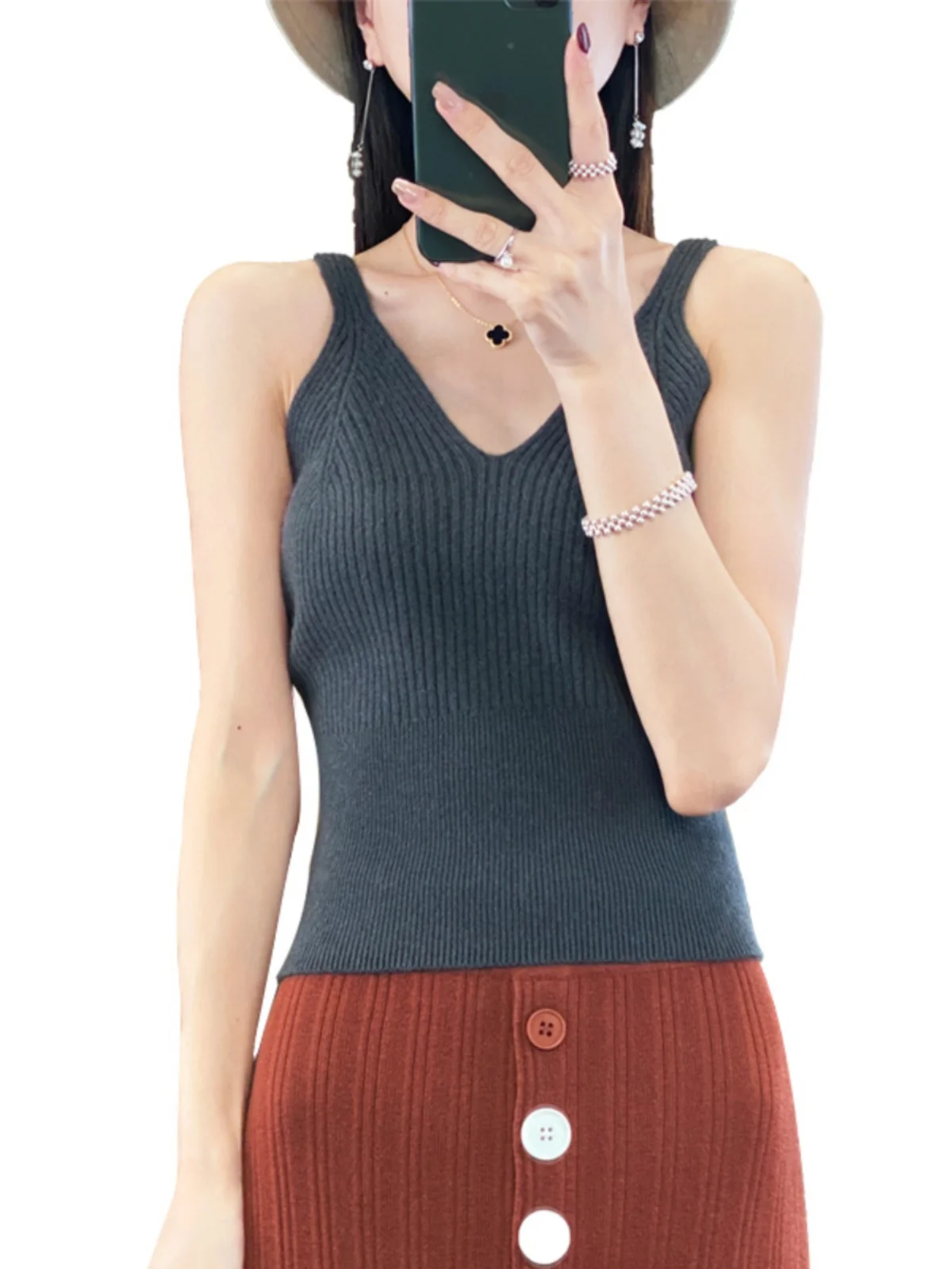 2024 Women V-neck 100% Wool Short Tank Ribbed Camisole Slim Fit Soft Spring Inner Match Y2k Knitted Sleeveless Sweater Crop Tops