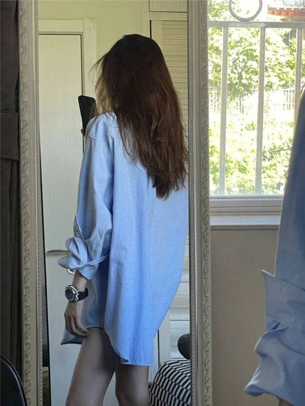 Niebieska Luźna Damska Koszula irt 2025 Nowa Modna Bluzka Chroniąca Przed Słońcem na Jesień, Codzienna, Długi Rękaw, Klasyczny Krój