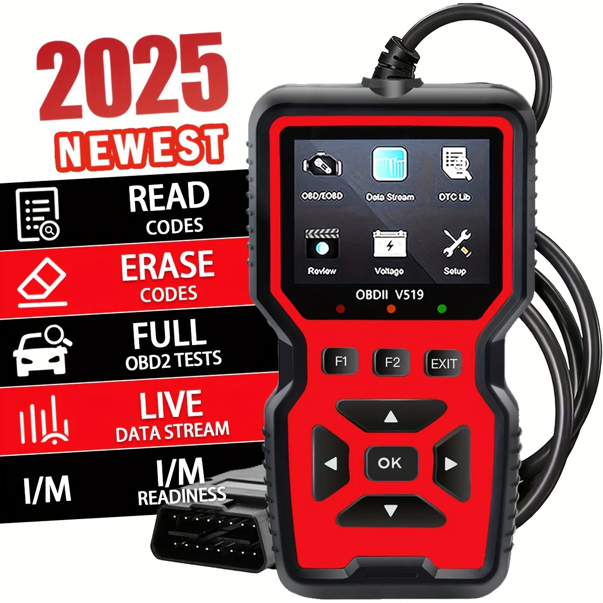 2025 V519 Professional OBD2 Scanner - USB-powered, real-time data diagnostic tool for checking engine lights in most cars
