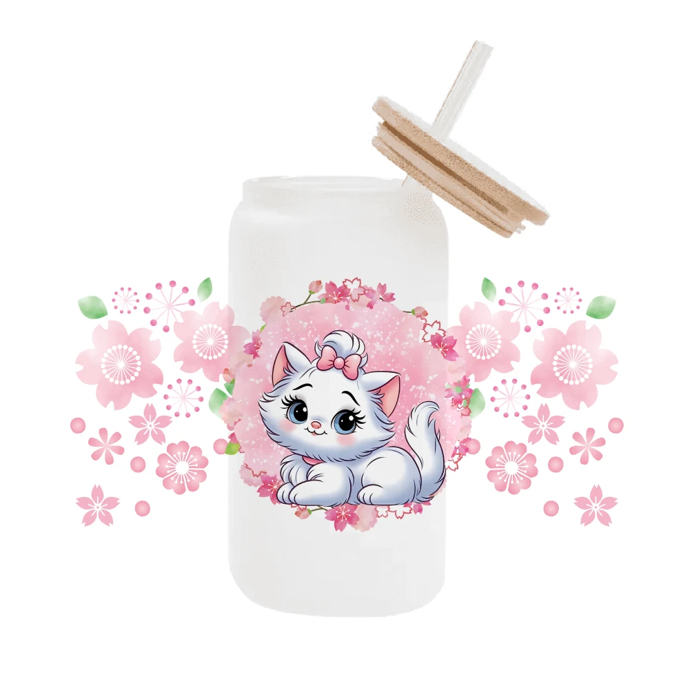 Disney marie pink  Cat For Libbey 16oz Can Glass 3D Waterproof UV DTF Coffee Can Wrap Libbey Glass Wrap