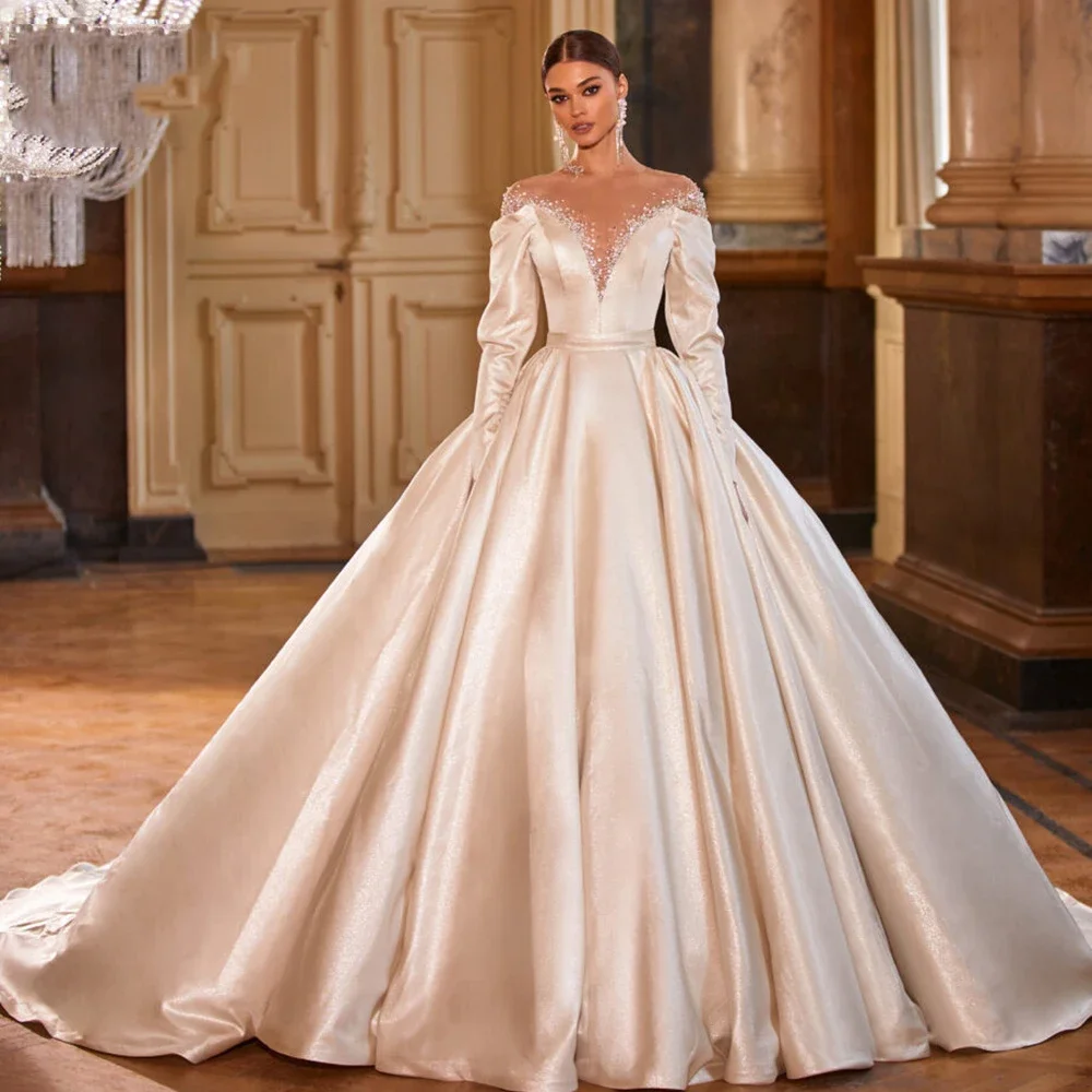 

French Wedding Dresses Puff Long Sleeves V-Neck Bridal Wedding Party Ball Gowns Elegant Brush Train Crystals robe de mariée