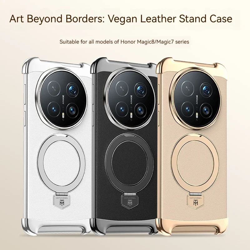 Frameless Pure Leather Aluminum Alloy Rotating Bracket Phone Case, For Honor Magic 8 Pro Magic 7 Pro Protection Back Cover
