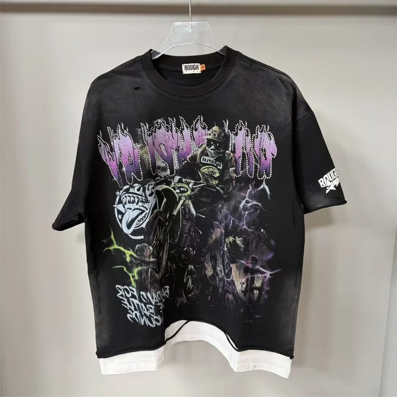 American Hip Hop Rough T Shirts Men Women Black Round Neck Short Sleeves Skeleton Print Top Tees