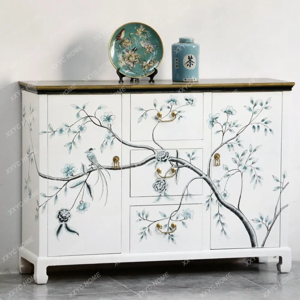 White new Chinese-style living room, painted dining side cabinet, villa model room decoration display, storage art entrance