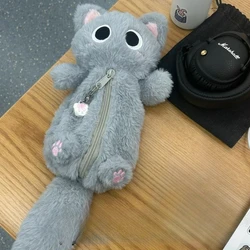 Gray Plush Cat Pen Bag Cute Desktop Cartoon Large Capacity Stationery Storage Bag Korean Stationery Pencil Pouch Pencil Case