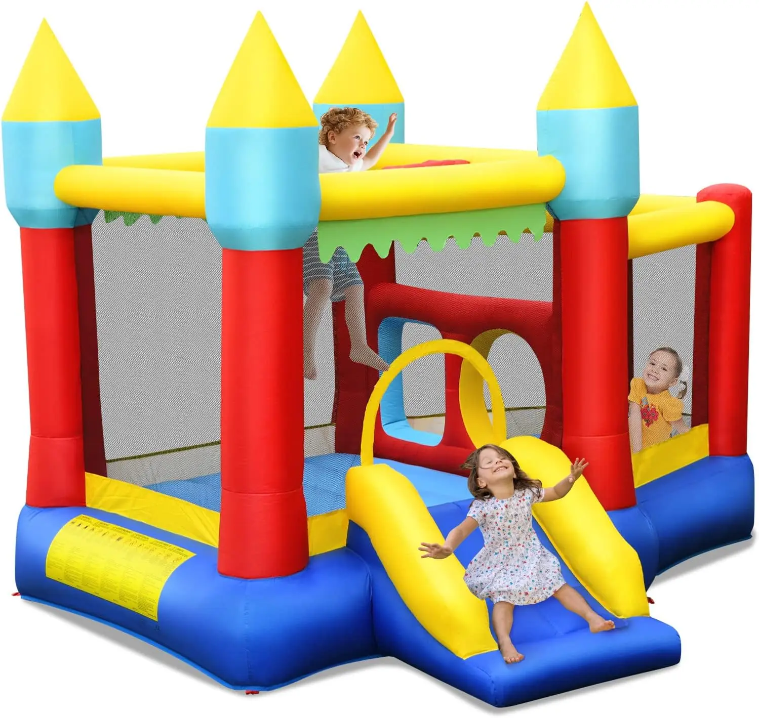 Castillo Inflable para Niños con Tobogán, Área de Salto Gigante, Piscina de Pelotas, Aro de Baloncesto y Estacas para Sujeción al Suelo - Brincolín Inflable para Interiores/Exteriores (Soplador No Incluido)
