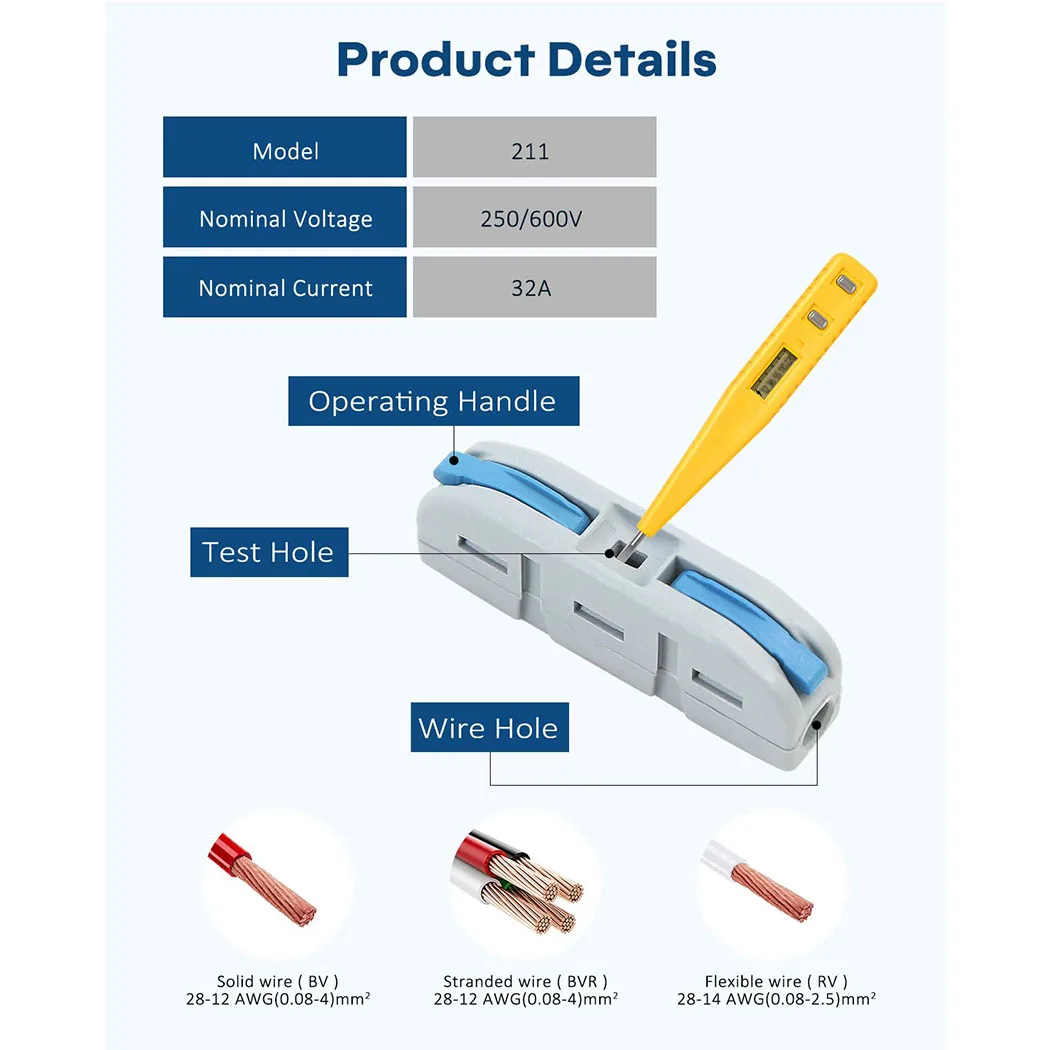 Quick Connect Electrical Splicing Wire  1 in 1 out Connectors Kit AWG 28 - 12 Lever Compact Butt Splice Inline Terminals