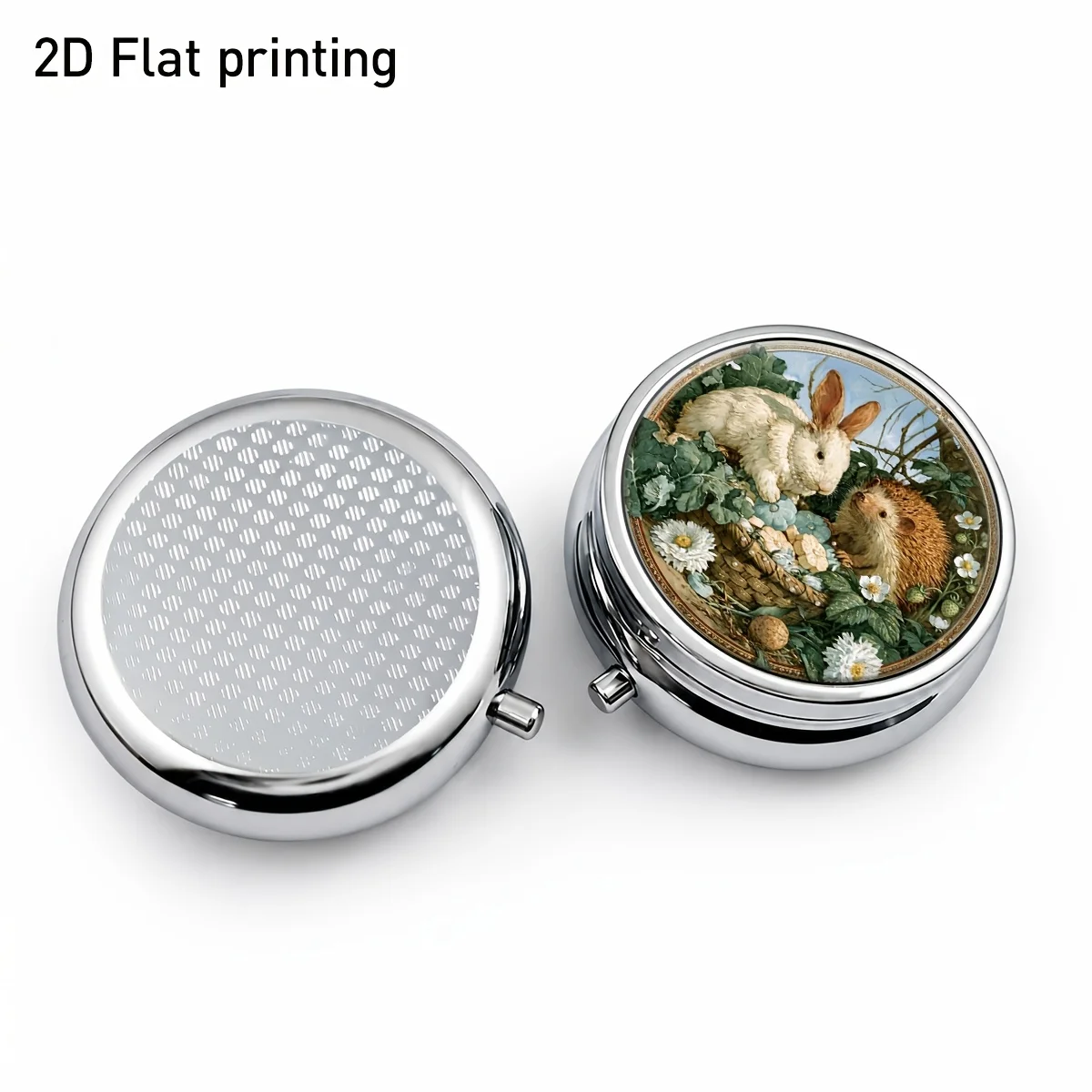 Floral Basket with White Rabbit and Hedgehog Patterns, Round Small Medicine Box, Pastoral Forest Style, Three-Compartment Portable Storage Box. The Compartmentalized Design for Jewelry, Medicine, and Vitamins Makes It Easy to Store, a Must-Have for Travel and Daily Life, Durable and with an Exquisite Appearance.