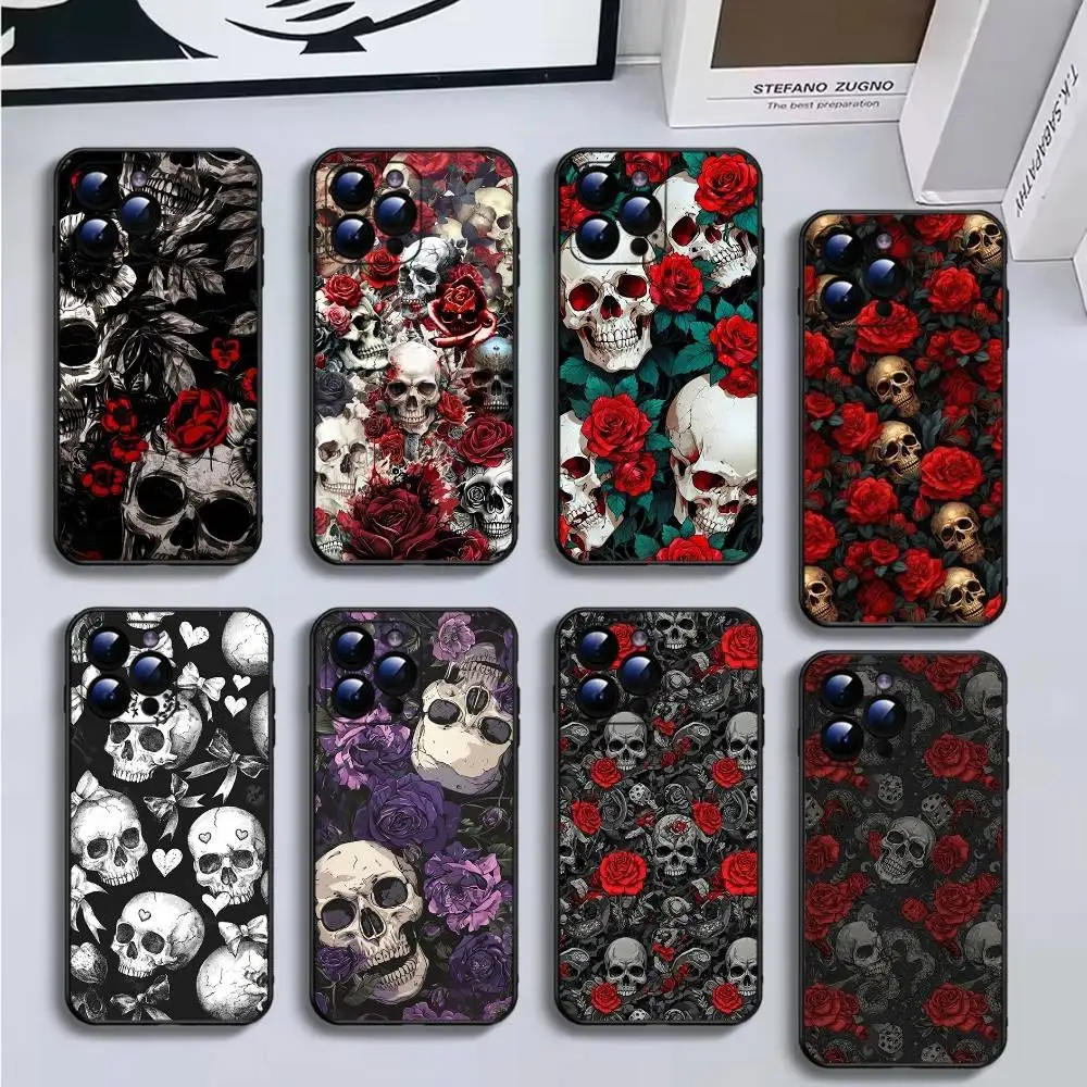 

Skull and Rose Phone Case For iPhone16,15,14,13,12,11 Plus,Pro Max,XS,X,XR,SE,Mini,8,7,Soft Silicone Black Cover