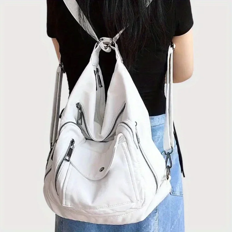 Women's Fashion Soft Leather Multifunctional Backpack Large Capacity Washed Distressed Vegan Leather Hottie Shoulder Bag