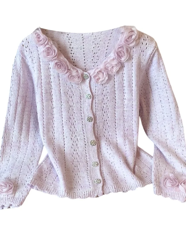 

Ele V-Ne вязаный открытый кардиган женский осенне-зимний модный топ Self-Kept Sle сладкий 3D цветочный дизайн корейские свободные...