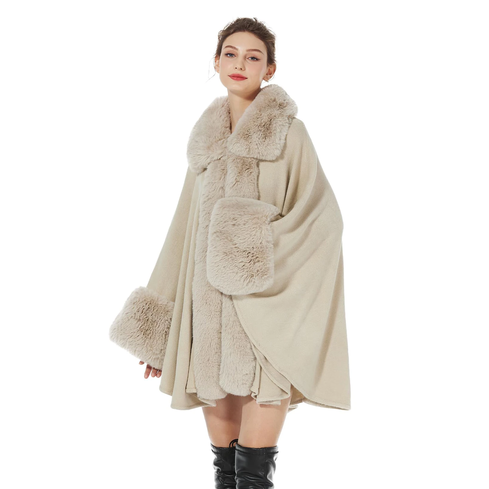 Elegant Faux Fur Trim Poncho Coat for Women Warm Square Collar Synthetic Fiber Cape Soft Winter Shawl Fashionable Cozy Wrap