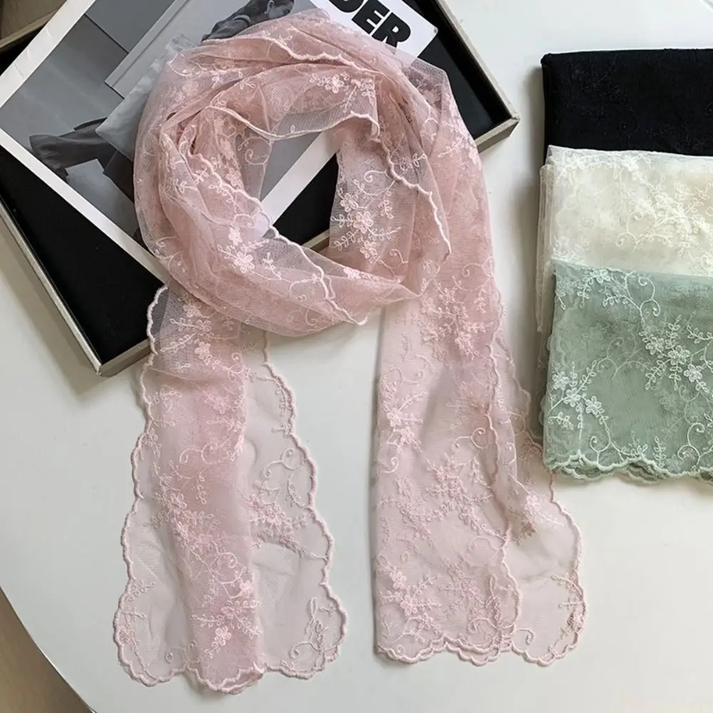 

Long Lace Scarf Lightweight Breathable Neck Protection Scarf Flower Embroidered Solid Color Sunscreen Lace Shawl for Women