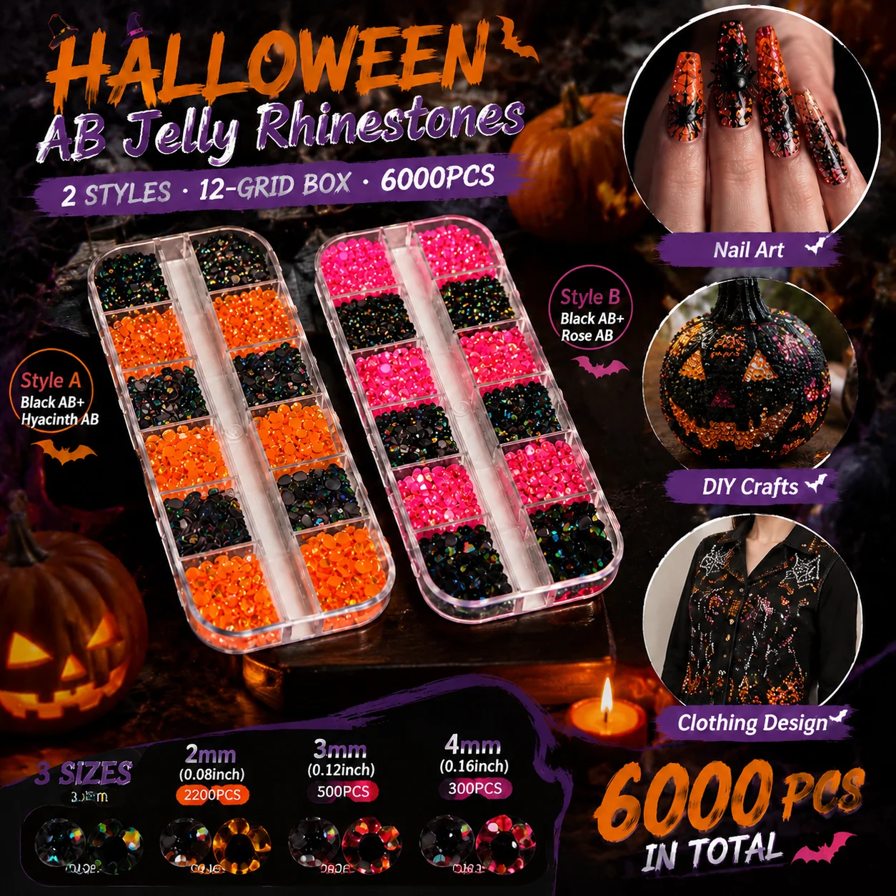 Halloween DIY Resin Jelly AB Rhinestones 6000pcs 2-4mm Mixed Sizes 12 Grid Box for Nail Art Clothing Craft Decor