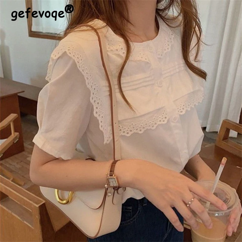 Women\'s Trendy White Lace Patchwork Button Up Shirt Casual O Neck Short Sleeve Blouse Chic Loose Tops Female 2024 Summer Blusas