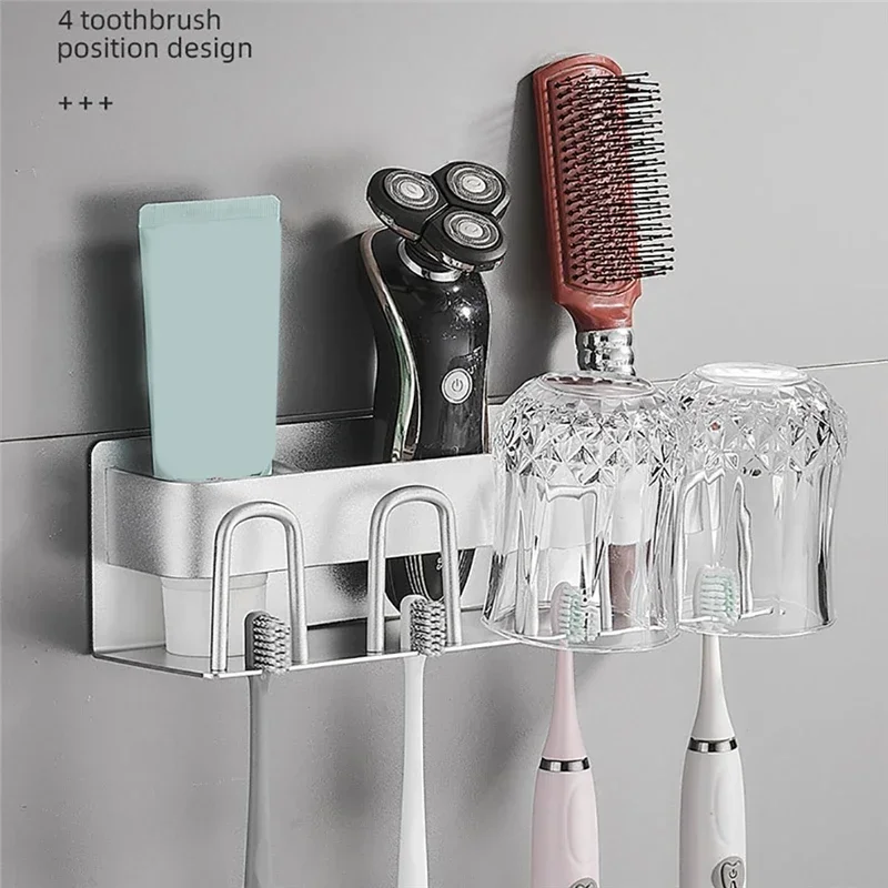Wall Mounted Toothbrush Rack Aluminium Alloy Toothpaste Storage Rack Mouthwash Cup Holder Space Saving Bathroom Organizer