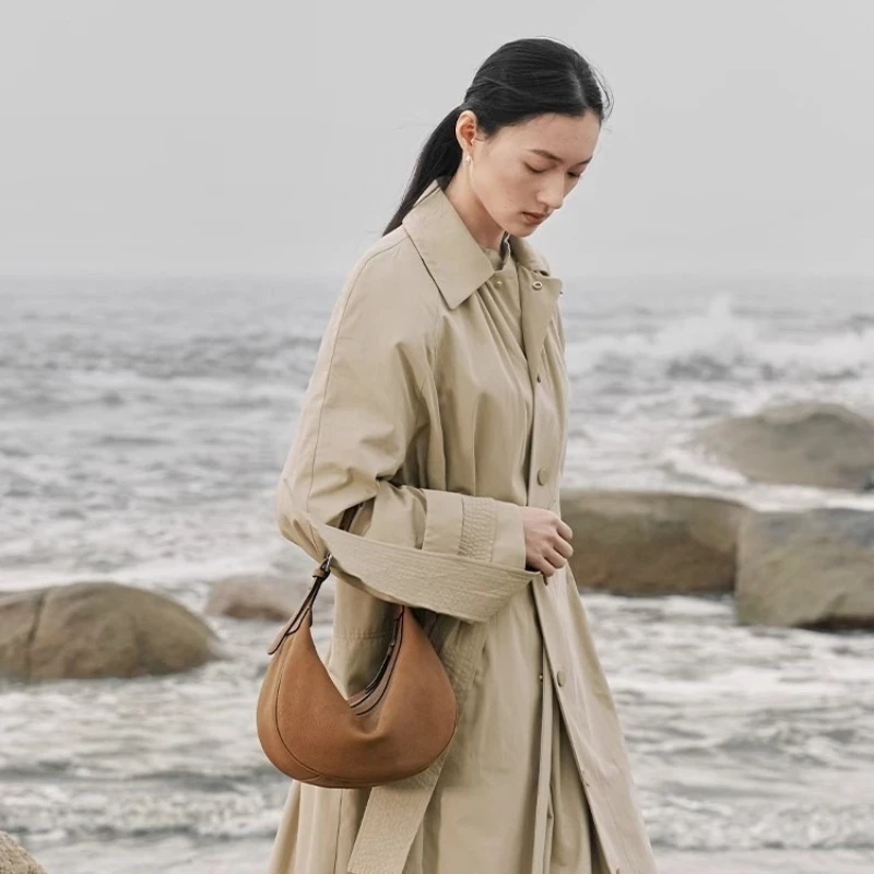 Qiuzhen Vegetable-Tanned Calfskin Crescent Hobo Bag Commuter Shoulder Bag Underarm Bag for Women Versatile Casual Style