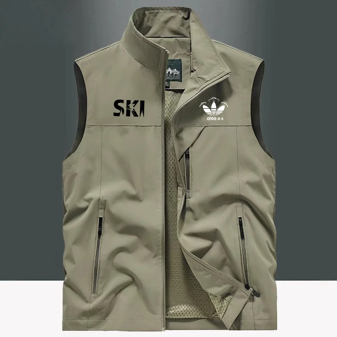 Four Season Casual Skiing Style Letter Printed Stand Up Collar Vest For Men With Zippered Pockets, Outdoor Cycling Photography s