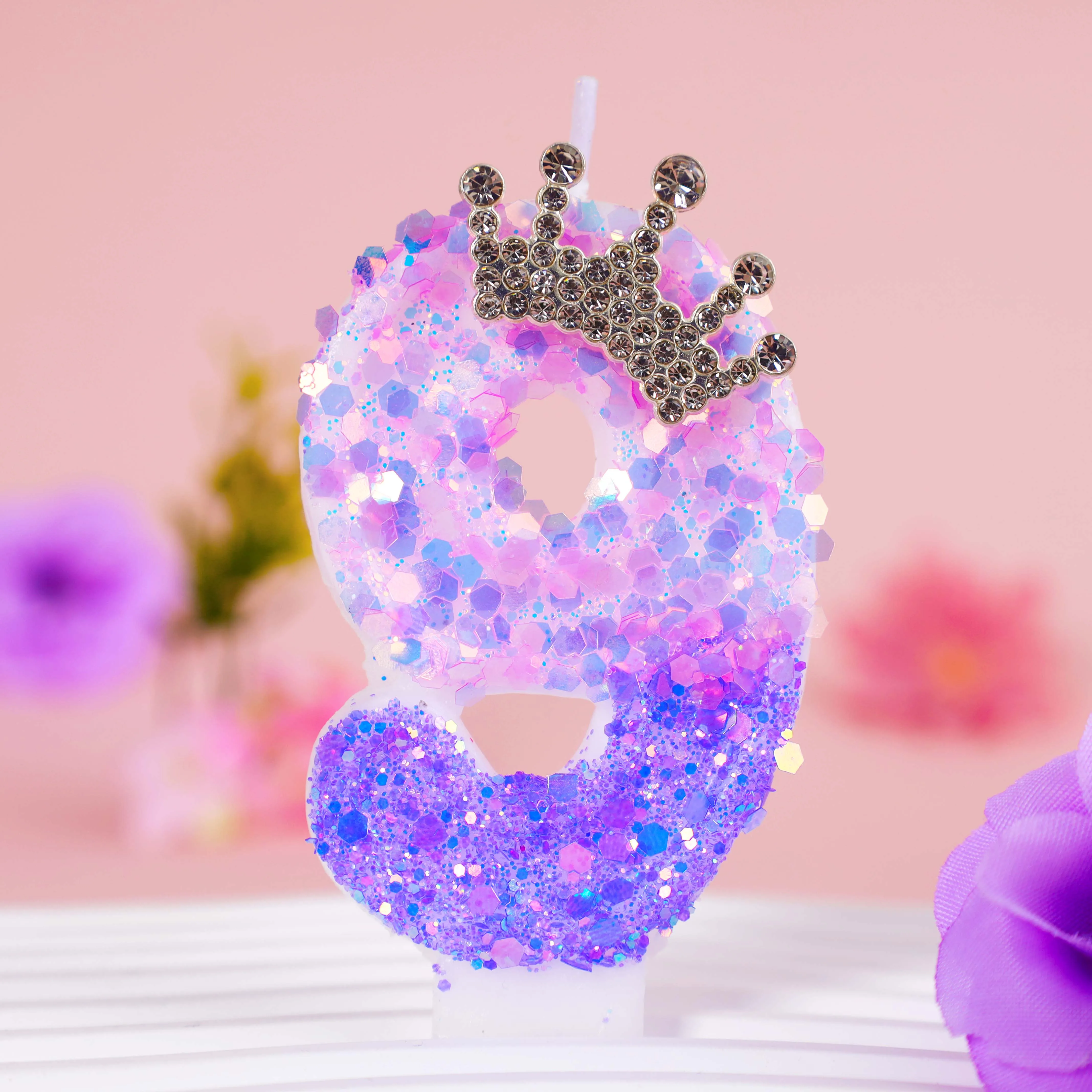 0-9 Lila & Rosa Ombre Glitzer-Kronen-Zahlen-Geburtstagskerze, Prinzessinnen-Stil Funkelnder Kuchenaufsatz für Mädchen 1./2./3. Geburtstag – Detail 14