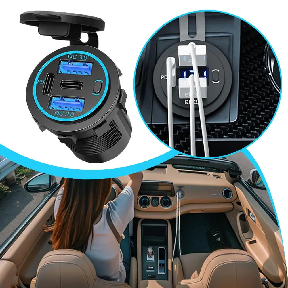 أربعة منافذ USB مقبس شاحن USB-C PD ومزدوج QC 3.0 لسيارة دراجة نارية مع الفولتميتر وشاحن سيارة الطاقة P7H7
