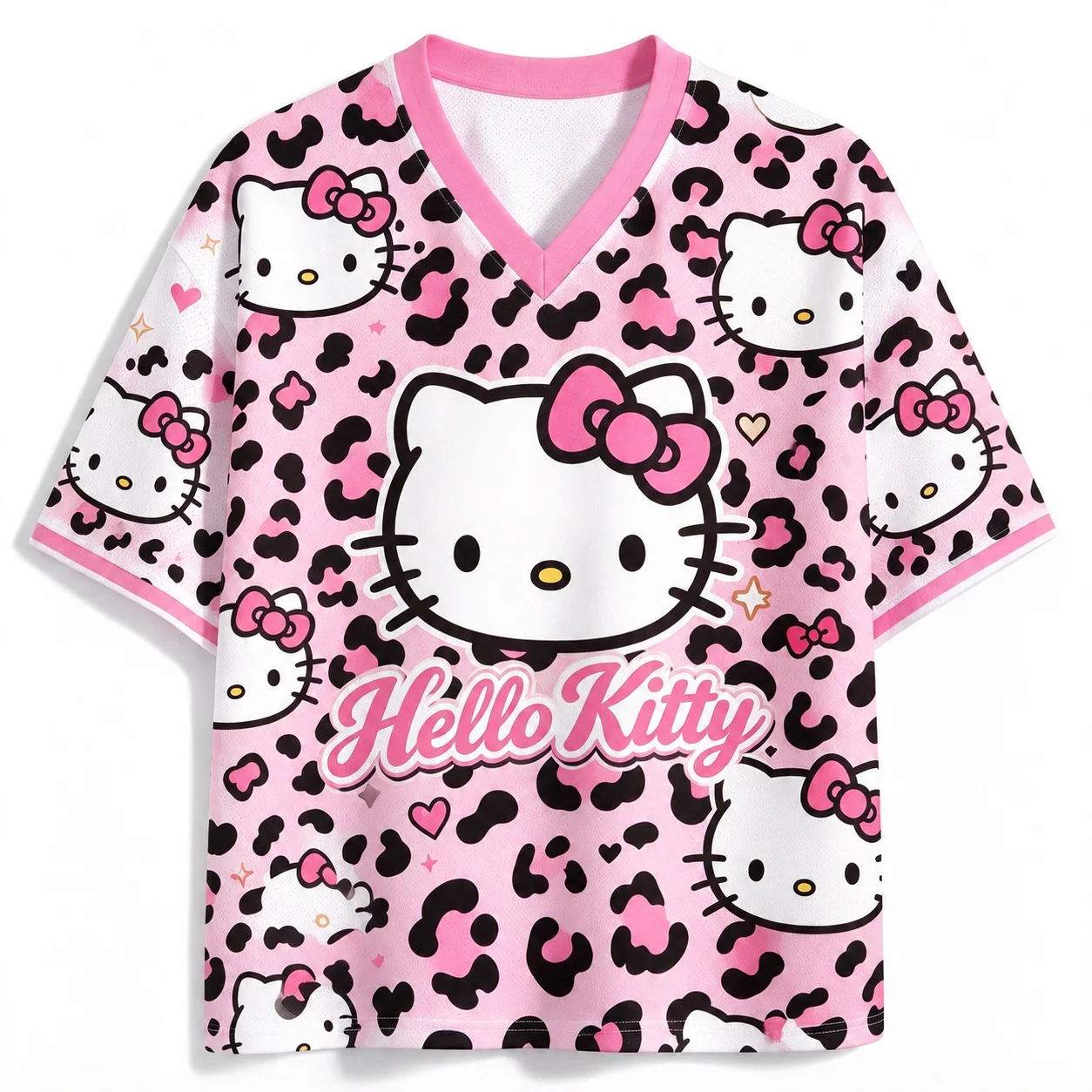 2026 Cute Hello Kitty Leopard Print Mesh Shirt Women Kids Pink Jersey V Neck Short Sleeve Oversized Kawaii Casual Streetwear Top