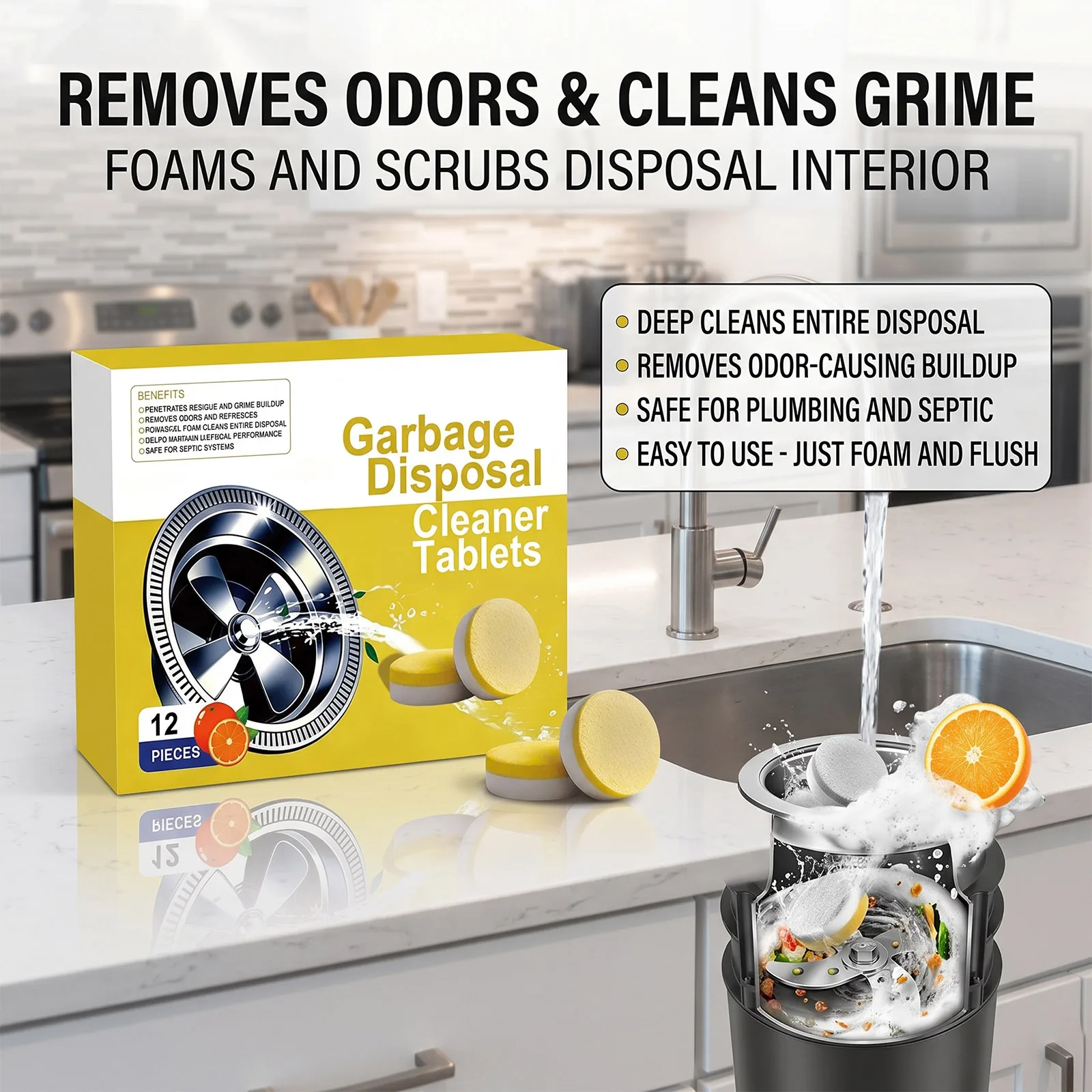 12pcs Kitchen Sink Disposal Cleaner Deodorizing Foaming Tablets Stain Remover Descaling Daily Household Garbage Cleaning Care
