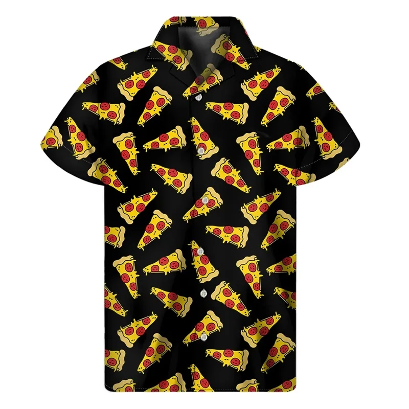 3D Print Pepperoni Pizza Graphic Aloha Shirts For Men Short Sleeve Oversized Beach Hawaii Shirts Mens Button Up Tee Shirt Tops