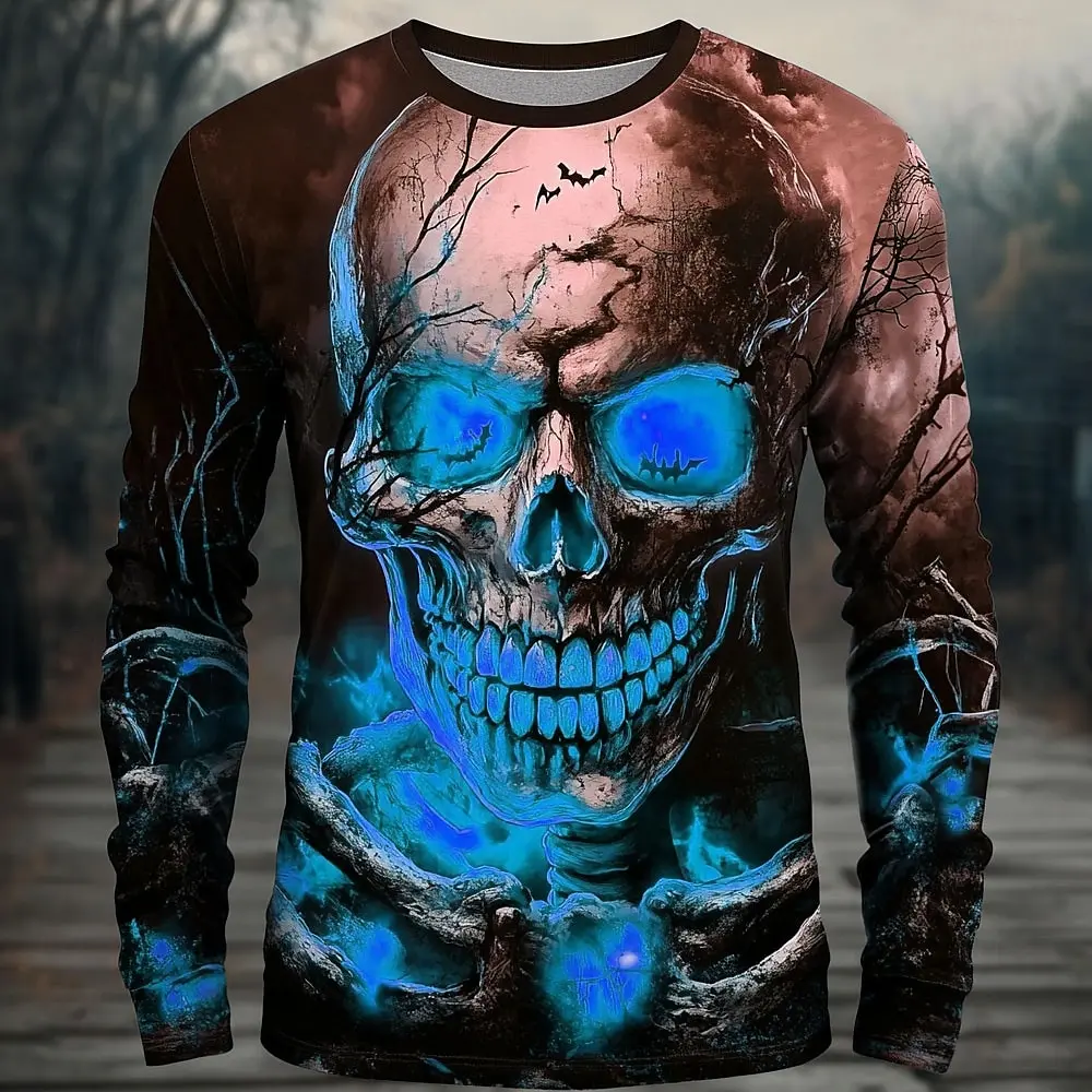 3D Terror Skull Print Men's Long Sleeve T-shirt Halloween Dress Up Street Hip Hop y2k Clothes Fashion Fall Long Sleeve Tops Tees