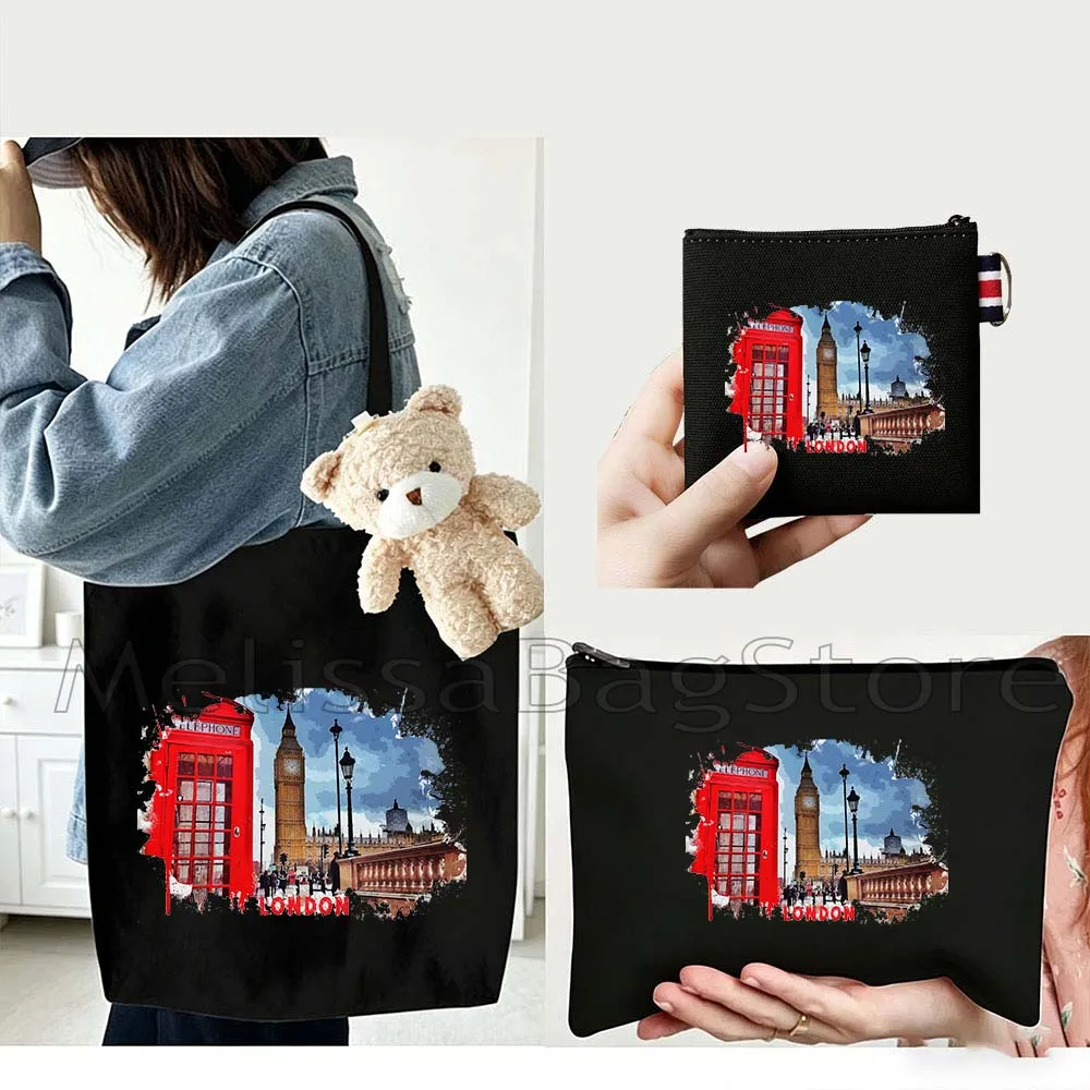 4PCS Gifts Set London City White Canvas Tote Bag Handbag with Doll Key Coin Purse Cosmetic Makeup Toilet Bag Case Pouch