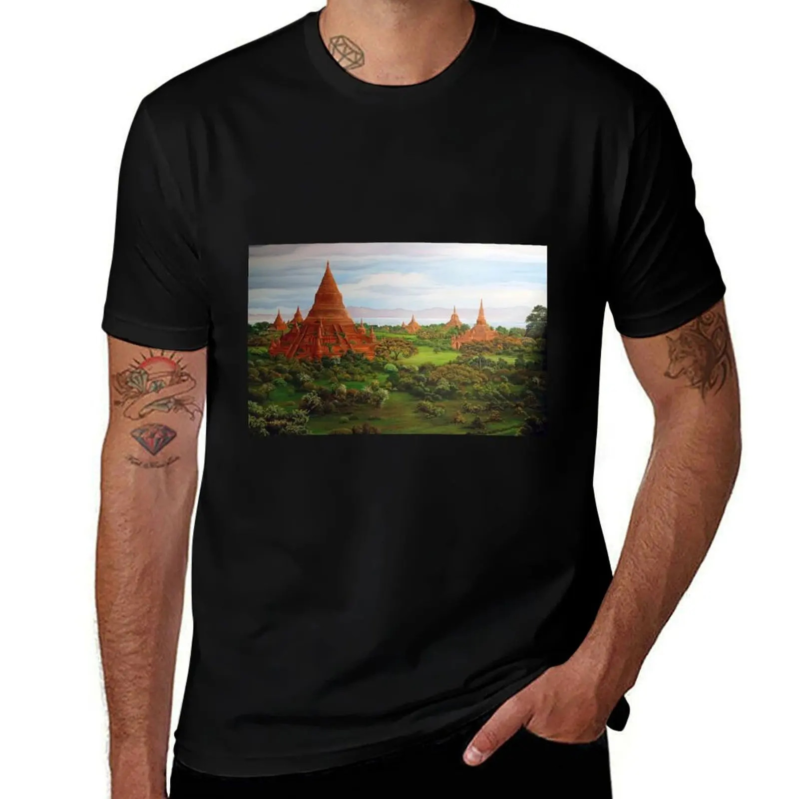 Pyramid temples of Buddha in Myanmar plain landscape painting T-Shirt All Match Print Short Sleeve Top T-Shirt
