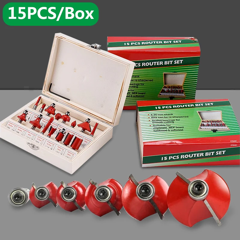 

15PCS 6.35mm Router Bit Set Trimming Straight Milling Cutter for Wood Bits Tungsten Carbide Cutting Woodworking Drill Bits Set