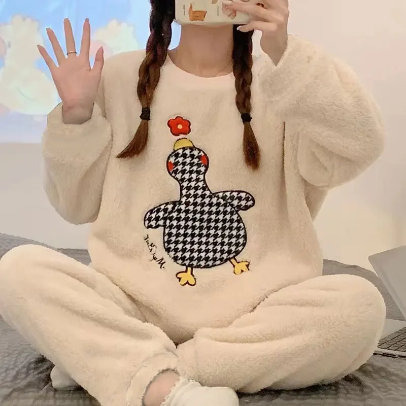 Cute Pajamas Women 2 Piece Set Flannel Soft Plush Goose Print Homewear Long Sleeve Round Neck Winter Warm Sleepwear Loungewear