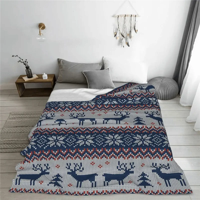 Traditional Deer Blanket Vintage Christmas Ugly Sweater Pattern Flannel Funny Soft Throw Blankets for Bedding Lounge Decoration