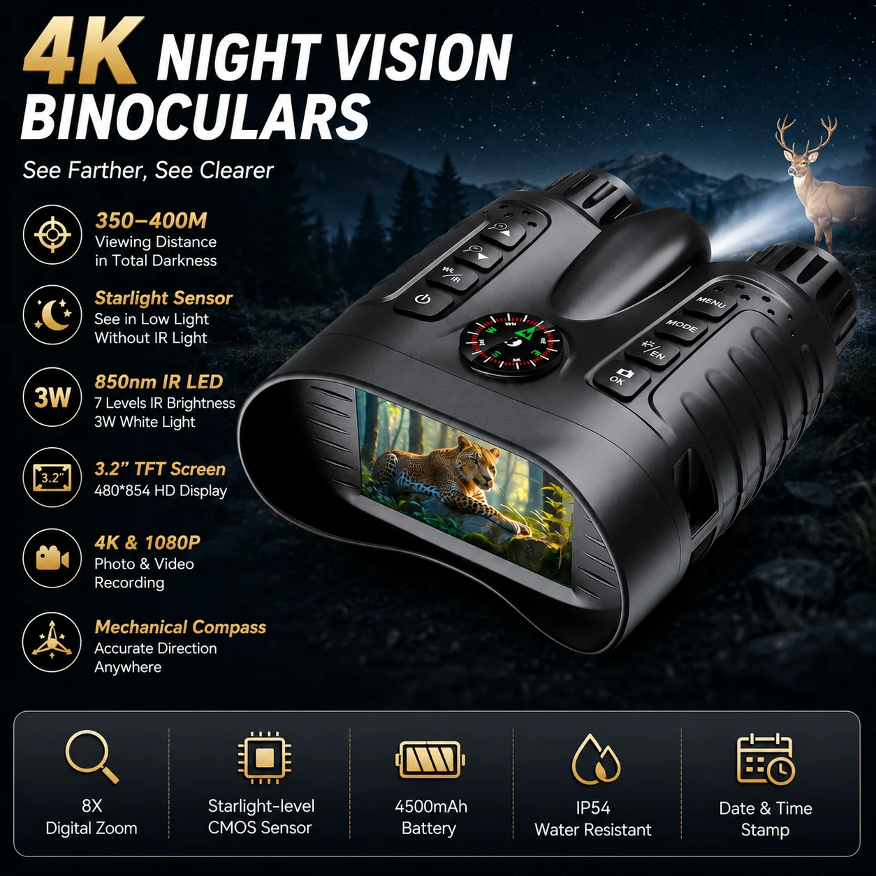 

4K Night Vision Binoculars for Adults, 64GB Digital Infrared Goggles with 850NM IR Illuminator, 7-Level IR, Long Rang Viewing