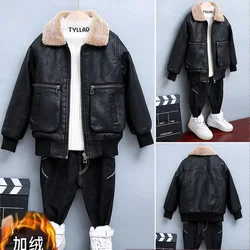 Children's Clothing Boys Winter Lapel Plus Coat Autumn  Velvet Thick Leather Jacket For Boys Child Outwear PU Jacket Kids Tops