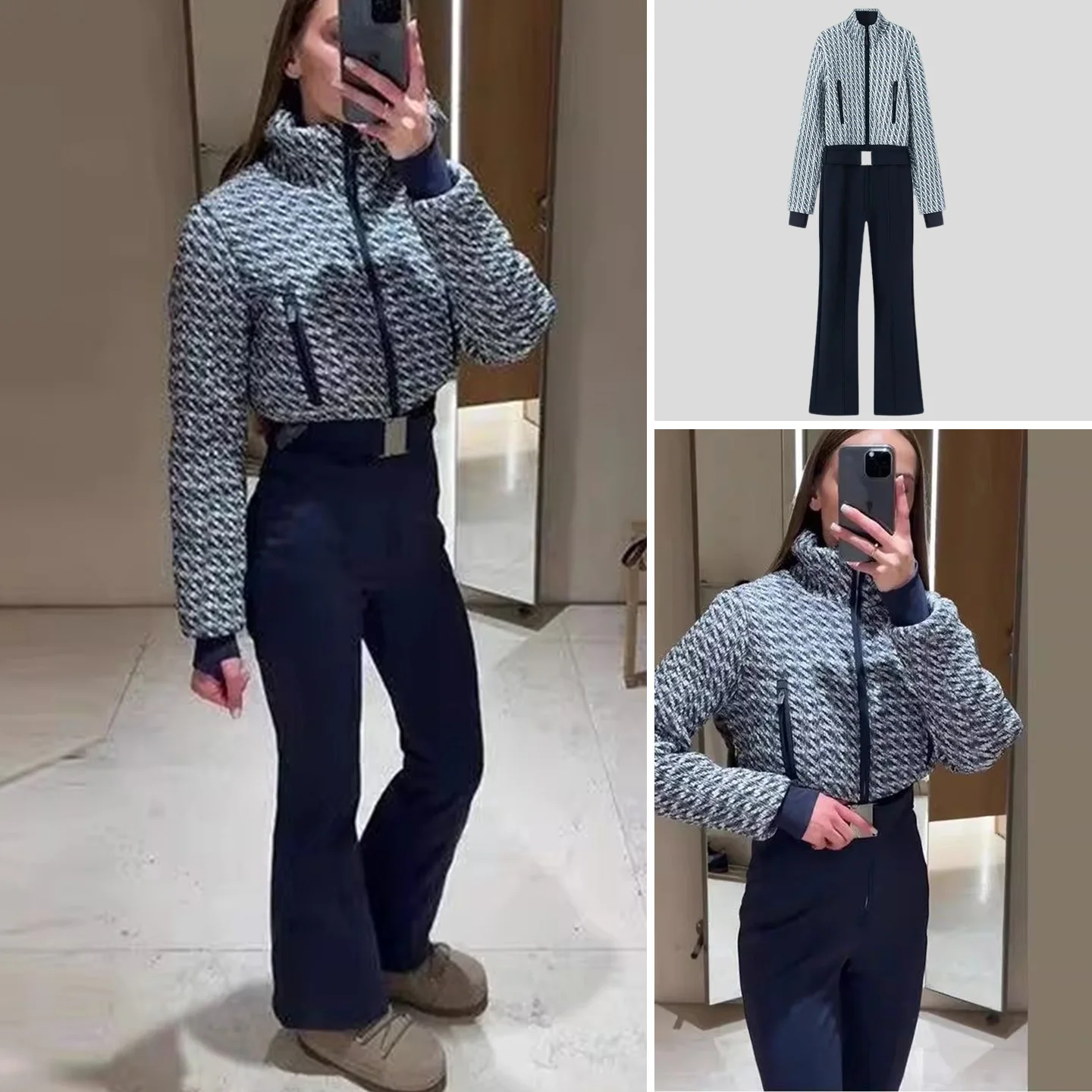 

Spring New Women's Slim Fit Long Zipper Splicing Embroidery Belted Long Overall Pants High Waist Straight Leg Polyester Fiber