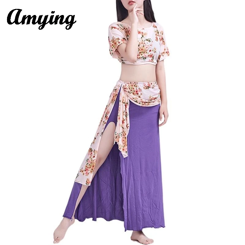 

2024 Women Belly Dance Training Costume New Fashion Oriental Dance Performance Clothing Female Short Sleeve+Split Long Skirt Set