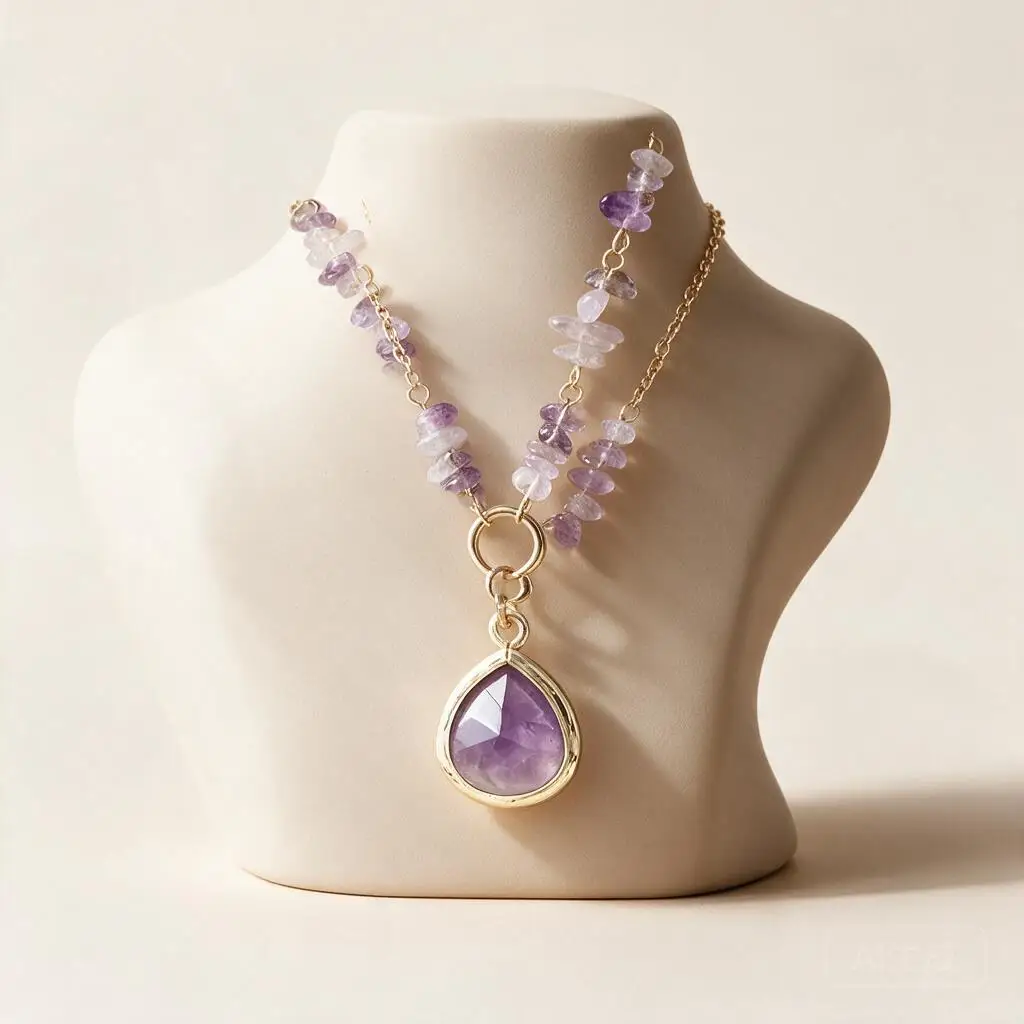 Bohemian Natural Amethyst Teardrop Faceted Pendant Choker Necklace Irregular Gemstone Beaded Gold Tone Chain Jewelry For Women