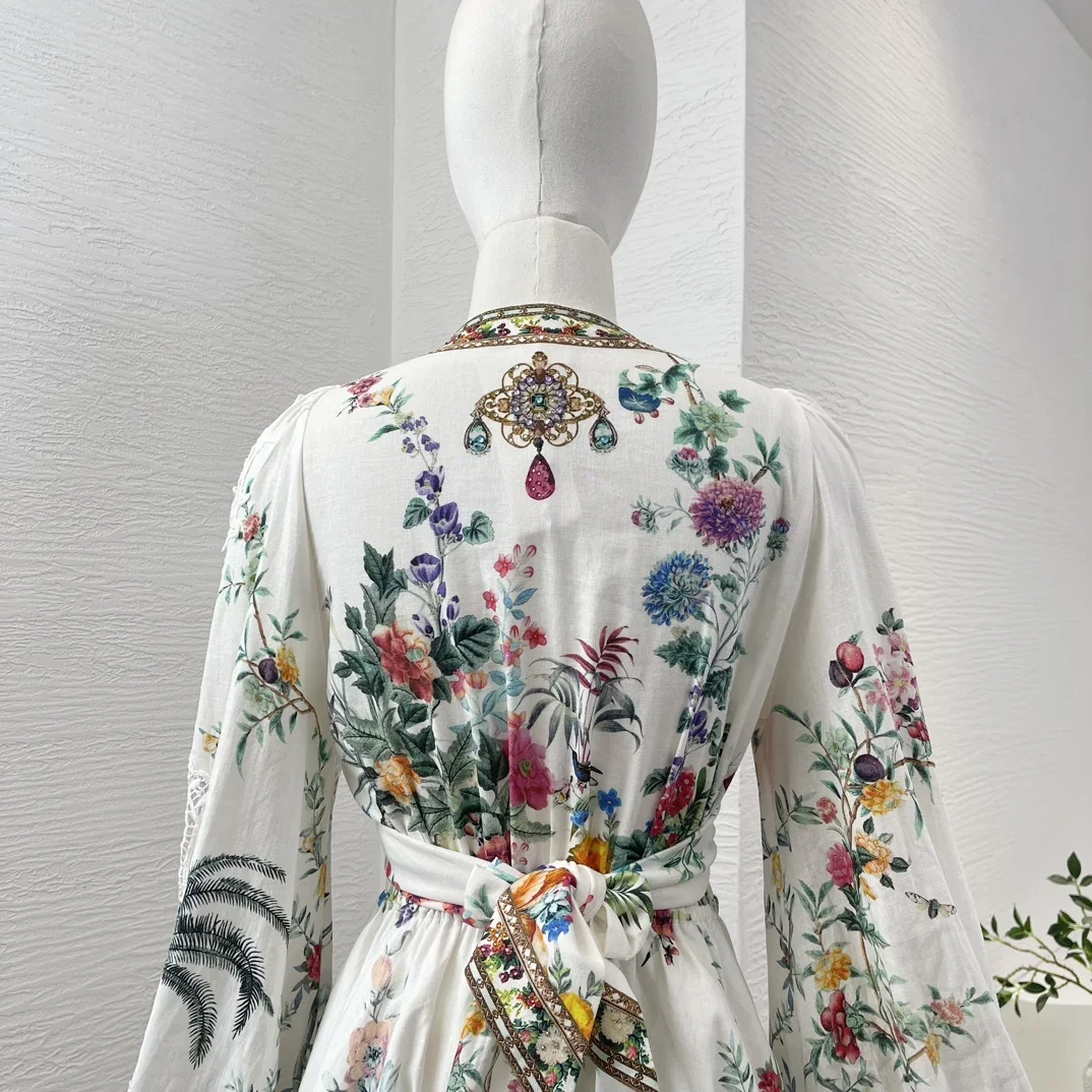 Hollow Out Floral Print 2024 New Summer Linen Cross Tie Waist Lantern Sleeve Diamonds Women Vintage Multi-color Mini Dress