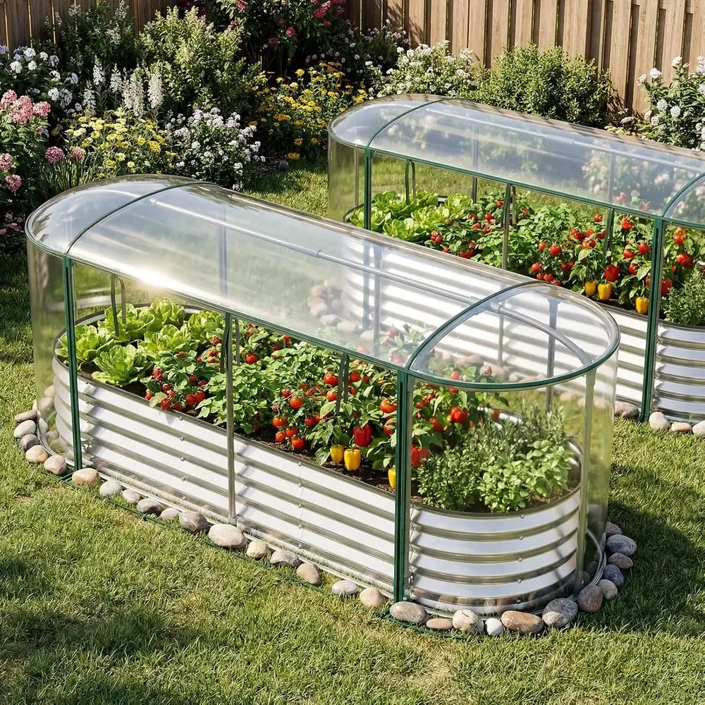 Oval Outdoor Metal Planter Box with Roll-up Window and Clear PVC Greenhouse Cover for Patio Gardening, 6x2x1 T (Silver)