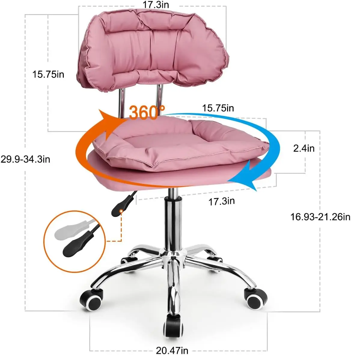 Jostzhxin Respaldo de taburete con ruedas, acolchado de asiento grueso, silla con ruedas resistente para oficina en casa, taburete giratorio de altura ajustable