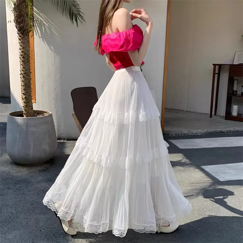 Retro Süßer Weißer Langer Rock für Damen, Lässiger Lockerer Rock mit Hoher Taille, Eleganter Vintage-Rock mit Spitzenbesatz, Koreanischer Sommer-Langrock – Detail 3