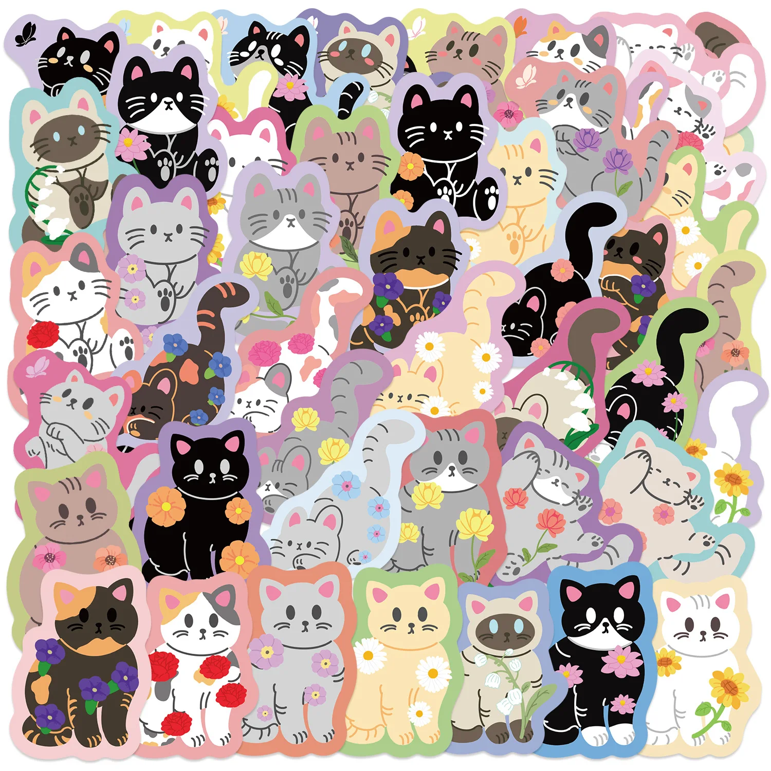 50/100PCS Colorful Edge Flower Cat Cartoon Image Graffiti Stickers Trolley Box Diary Waterproof Stationery Decorative Sticke