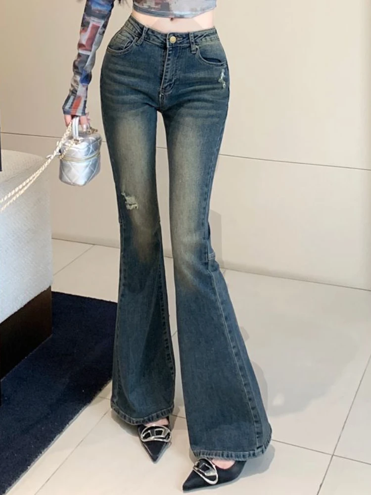 

Blue Fench Vintage Skinny Jeans Women Korean Designer Denim Elegant Flare Pants Female Office Lady Hight Waist Casual Pants 2023