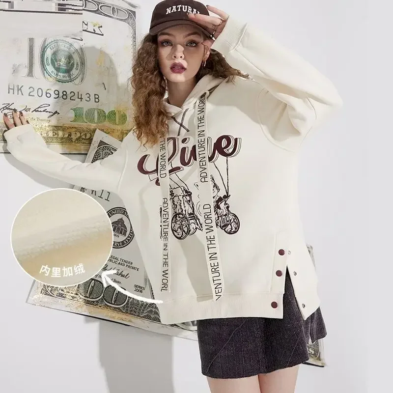 Fashion Hoodies Women Printed Hooded Plush Tops Women Autumn Winter Trendy Loose Oversized Hoodie Y2k Clothes Aesthetic Coats