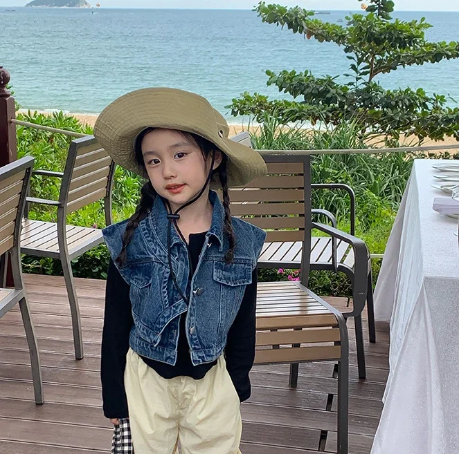 New Korean Children Clothing Causal 2024 Turn Down Collar Outerwear Soild Loose Simple Vest Cowboy Girls Spring Autumn