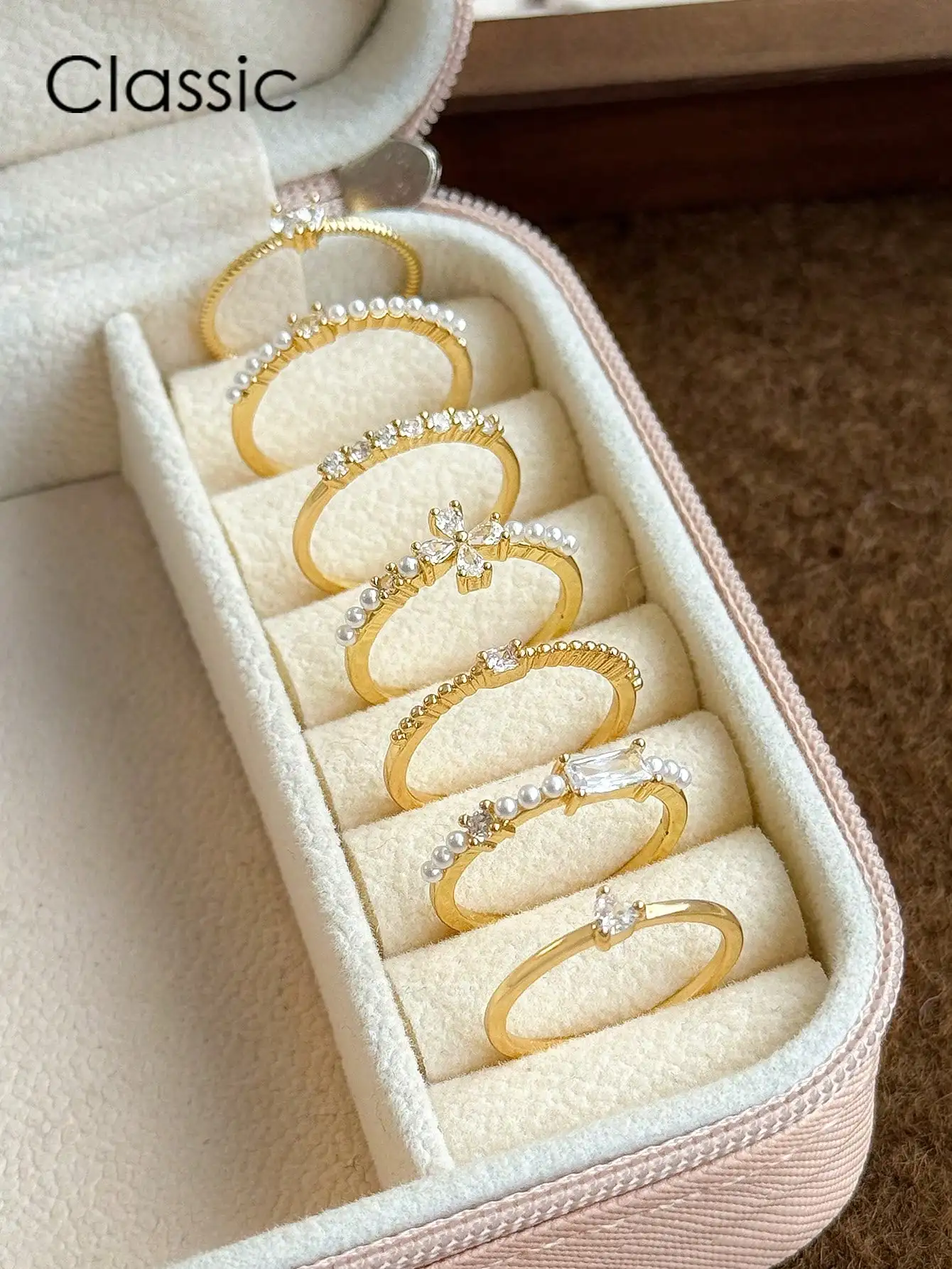 

5pcs Elegant Copper Inlaid Cubic Zirconia Ring Set For Women