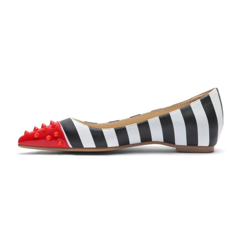 

High-heeled shoes autumn new pointed toe shallow leather striped rivet flat shoes banquet large size customized women's shoes