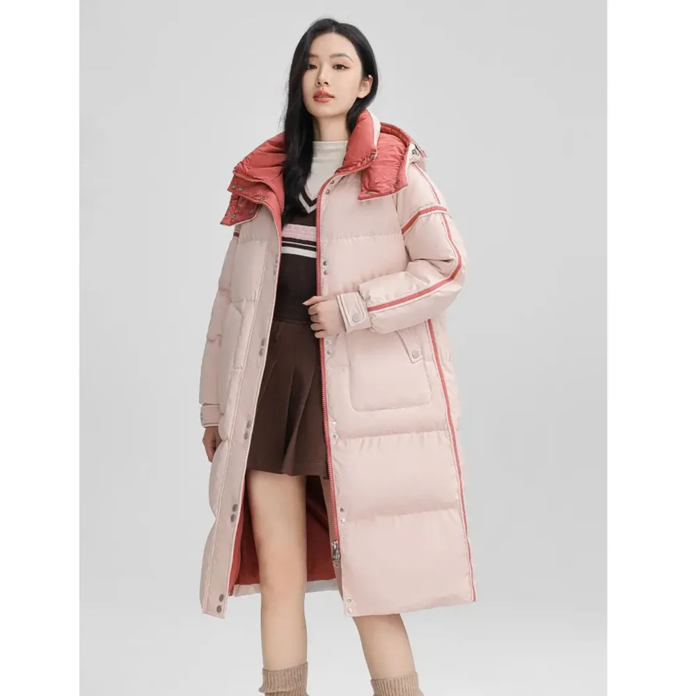 Color Blocking Down Jacket For Women 2024 New Winter Long Style Knee High Hooded Fashion Thick Warm Striped Elegant Parka