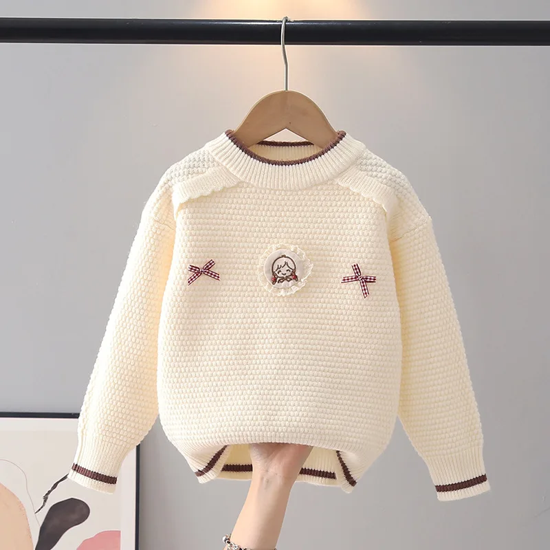 New Girls Plaid Butterfly-knot Sweater Sweet Lace Ruffles Little Girl Autumn Comfortable Soft Versatile Knitted Pullover JY07211